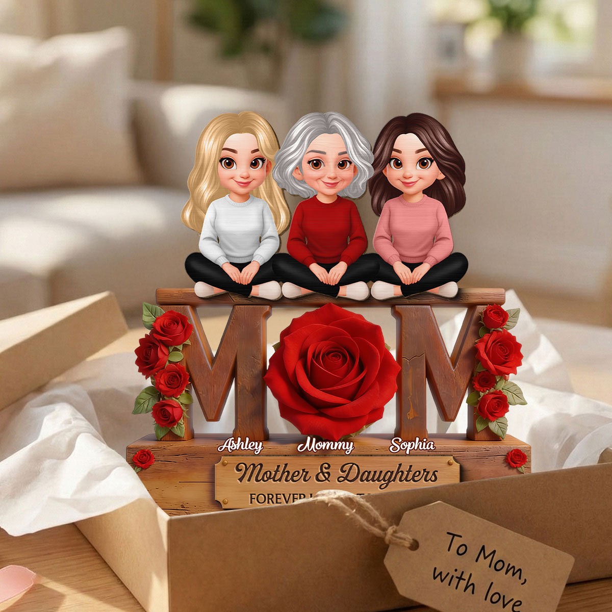 Beautiful Roses MOM And Daughters Sons - Personalized 2-Layered Wooden Plaque - Gift For Mom