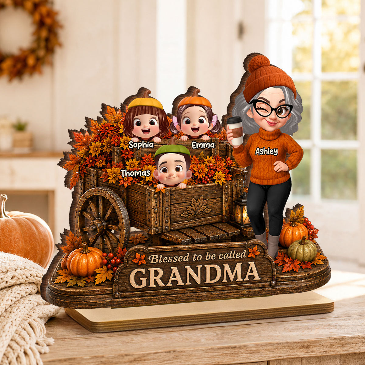 Blessed to Be Called Grandma - Personalized 2-Layered Wooden Plaque - Fall Decor for Grandma