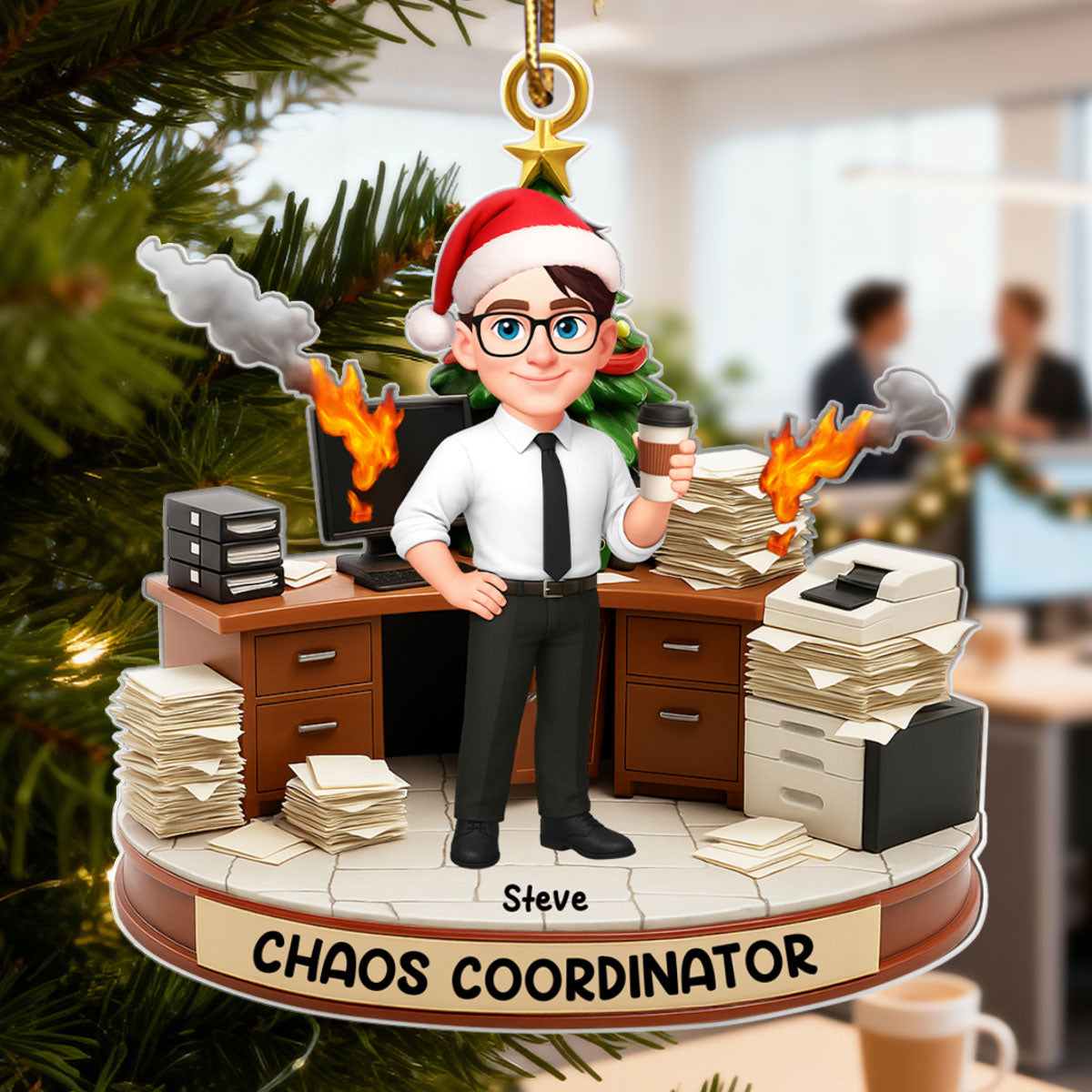 Office Chaos Coordinator - Personalized Acrylic Ornament - Funny Christmas Gift for Coworkers, White Elephant, Secret Santa Gift