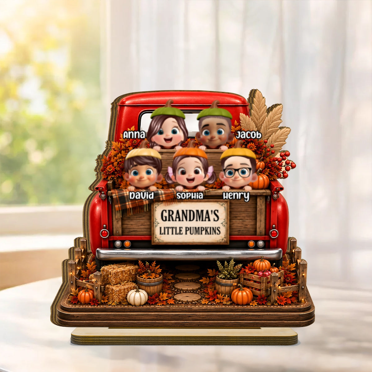 Grandma Grandkids Pumpkins Fall Truck - Personalized 2-Layered Wooden Plaque - Fall Season Decor Gift, Gift For Grandma