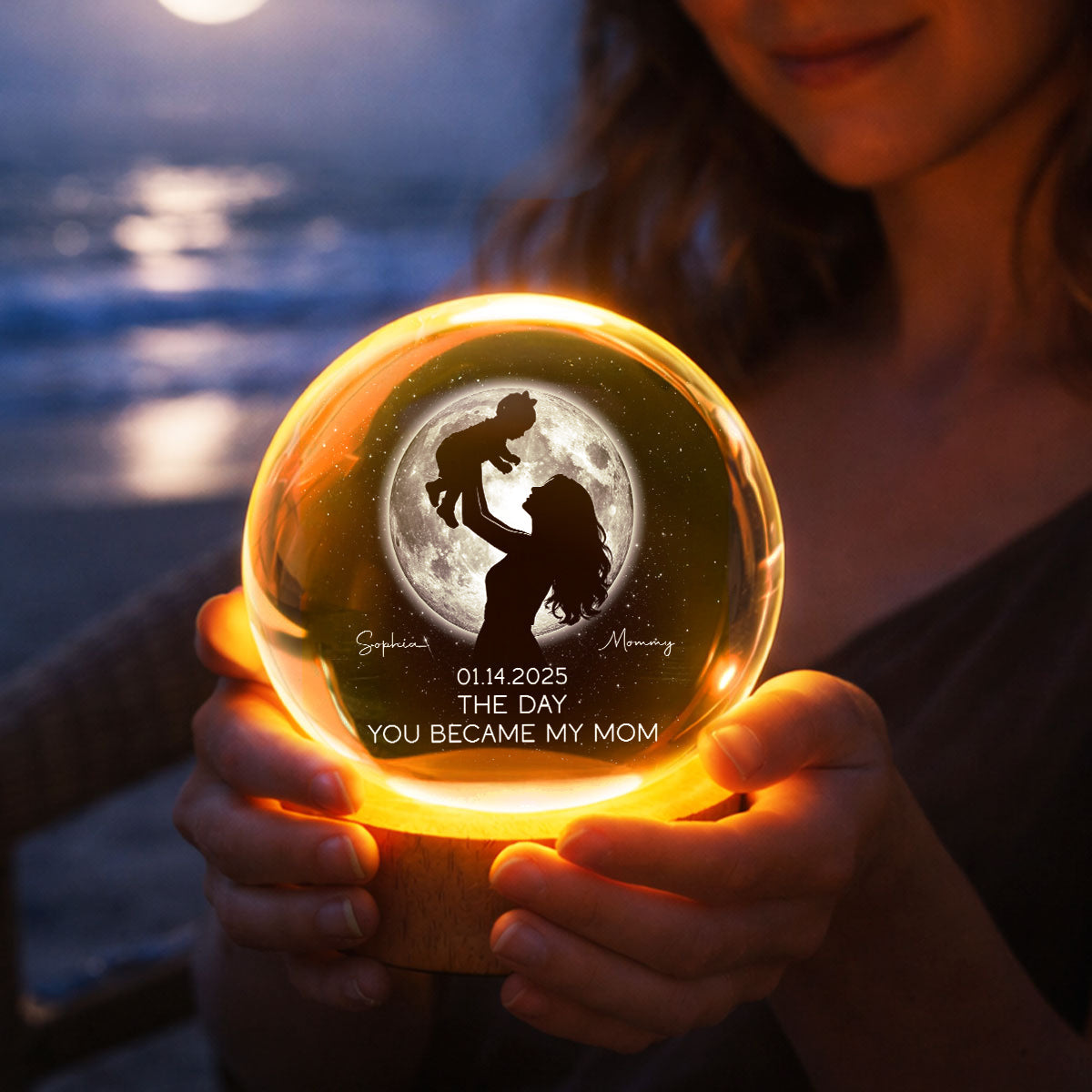Mom Hugging Kid, The Day You Became My Mom Custom Moon Phase by Date - Personalized Crystal Ball LED Night Light - Mother's Day Gift for Mom