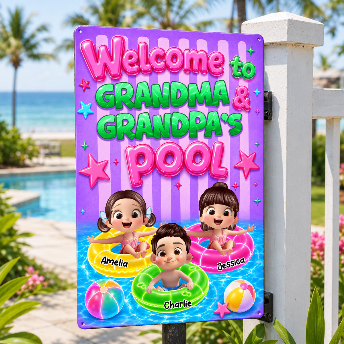 Neon Stripe Summer Welcome to Grandma Grandpa's Pool - Personalized Metal Sign - Trendy Summer Decor
