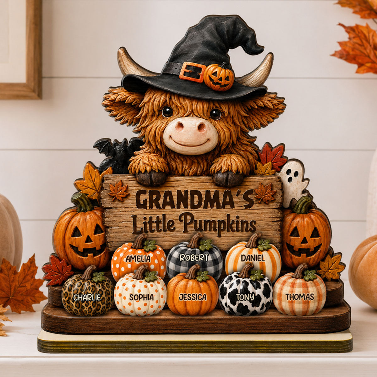 Highland Cow Grandma's Little Pumpkins - Personalized 2-Layered Wooden Plaque - Fall Decor For Grandma