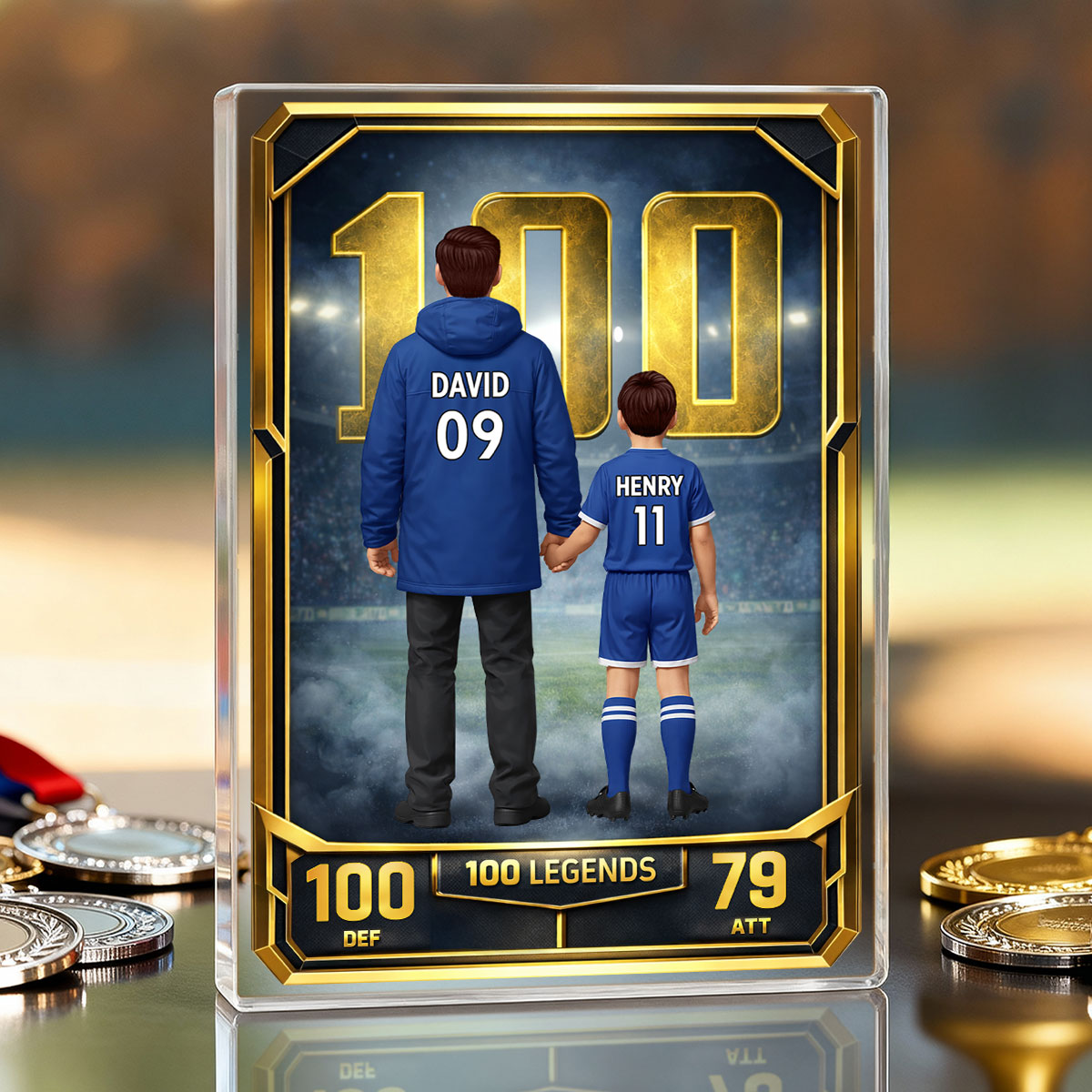 Father And Kids 100 Legends Trading Card - Personalised Acrylic Block Plaque - UK  Gift For Football Dad