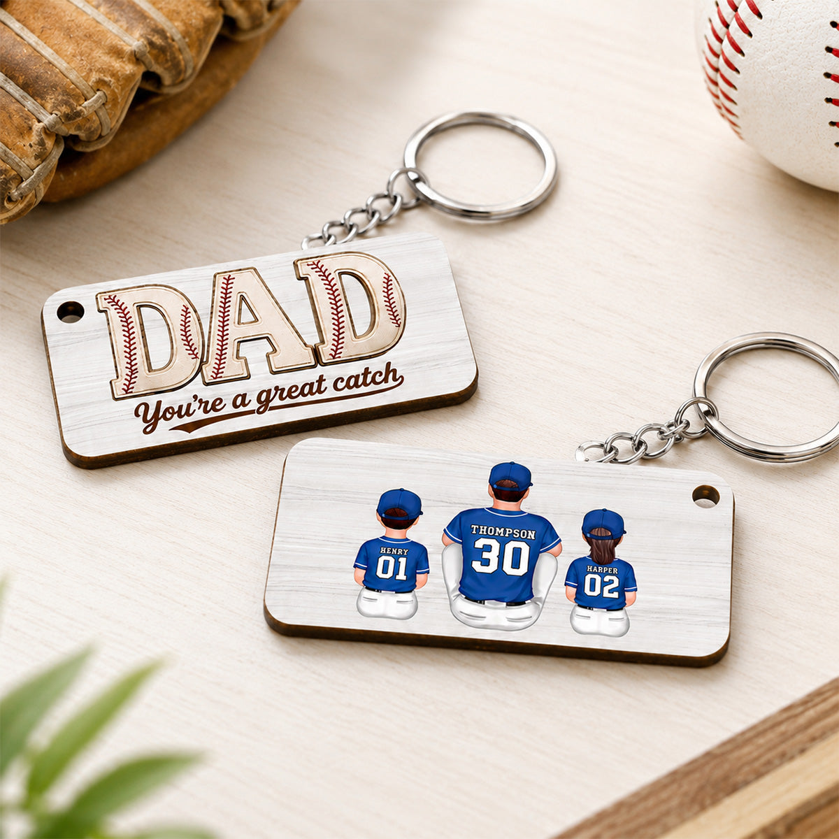 Dad We Love You Baseball Man & Kids Sitting - Personalized Wooden Keychain - Father's Day Gift For Basketball Dad