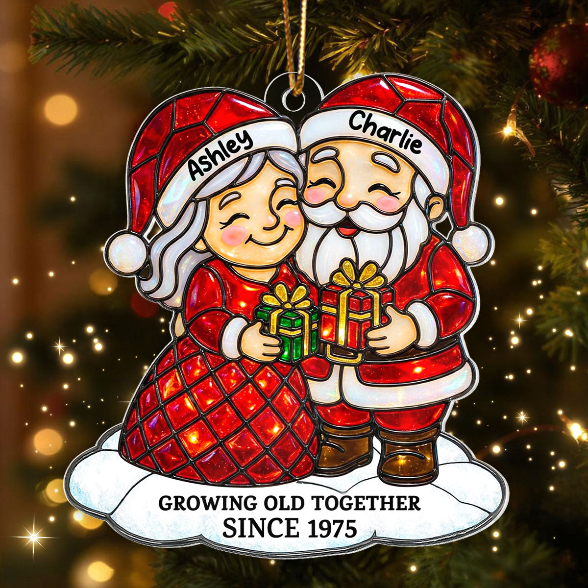 Couple Growing Old Together Stained Glass Pattern - Personalized Acrylic Ornament - Heartwarming Christmas Gift For Him, For Her, For Couple