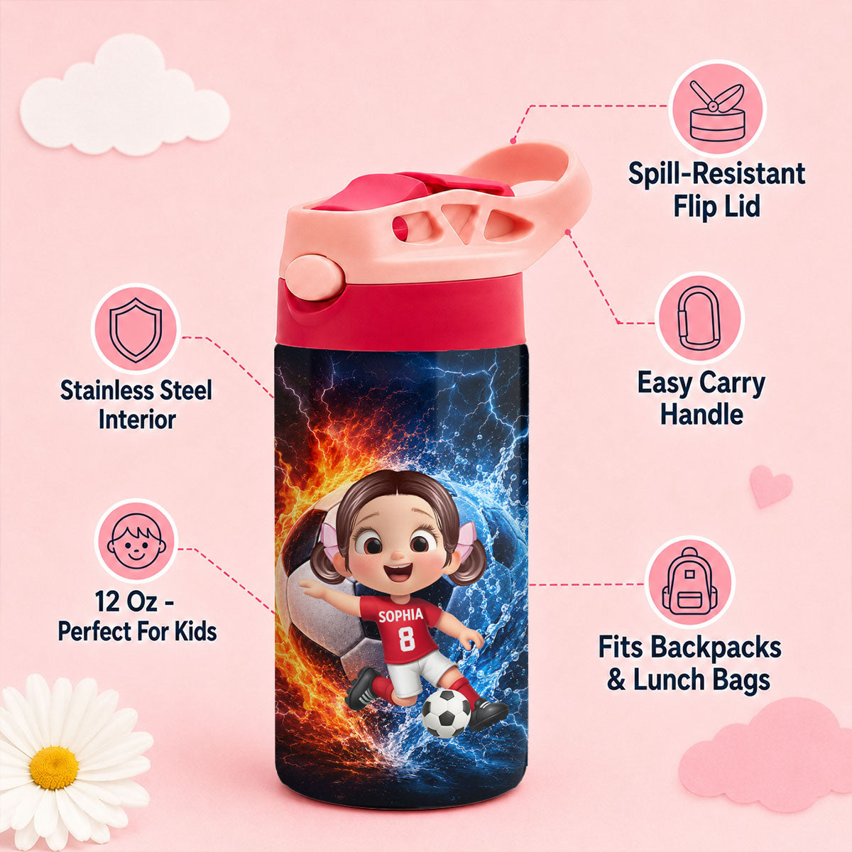 On-trend Soccer Design for Boys Girls - Personalized Kid Water Bottle - Back to School Gift for Kids