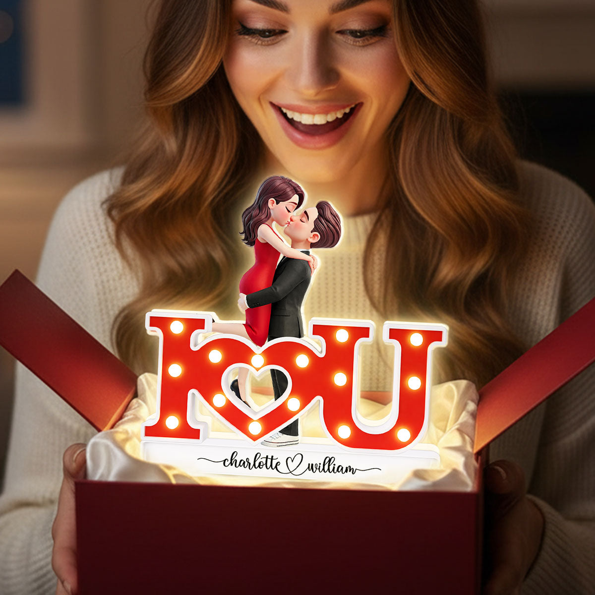I LOVE YOU Couple Hugging Kissing - Personalized Light Box - Valentine's Day Gift For Couple, For Him, For Her