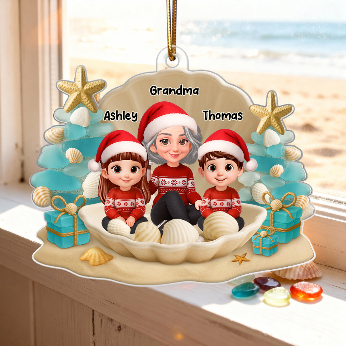 Grandma Grandkids 3D Beach-Inspired Sea Glass - Personalized Acrylic Ornament - Christmas Gift for Grandkids, Grandma