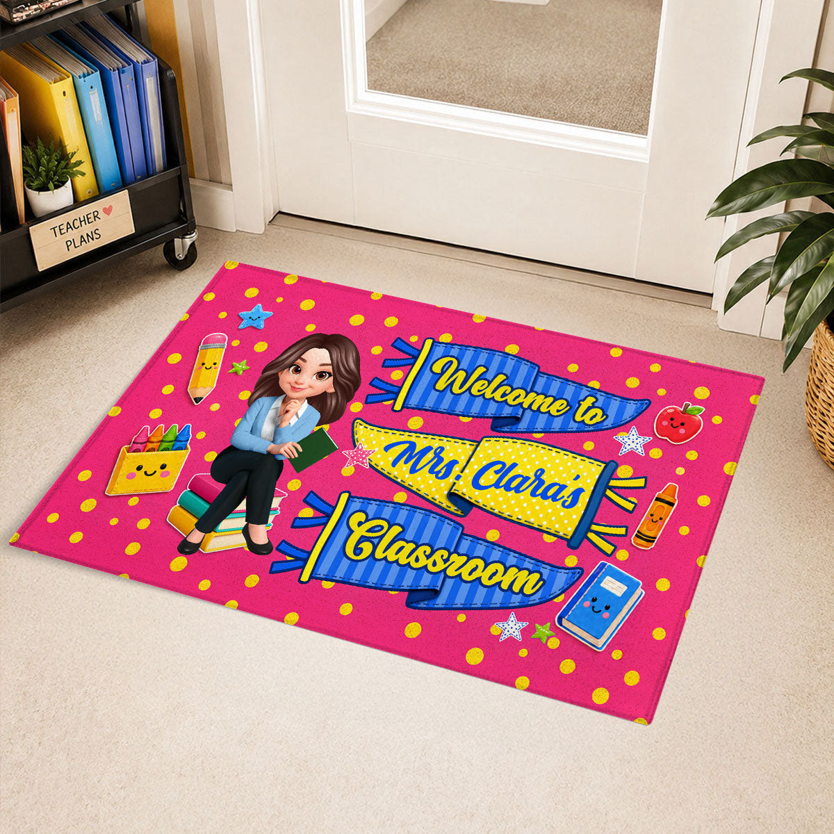 Neon Pennants Flags Teacher Welcome To Classroom - Personalized Doormat - Back To School Gift For Teacher, Classroom Decor