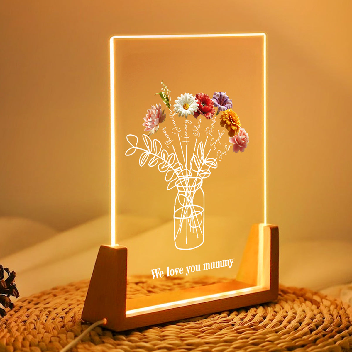 Family Birth Month Flowers Bouquet - Personalized Acrylic Block LED Night Light - Heartfelt Gift For Mom, Grandma