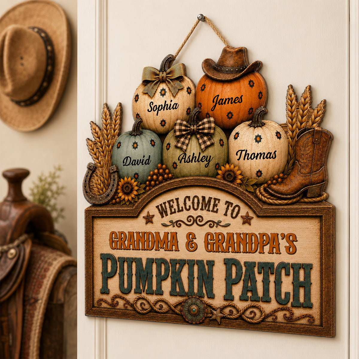 Western Vibe Welcome To Grandma Grandpa Pumpkin Patch 2D Flat - Personalized Wood Sign