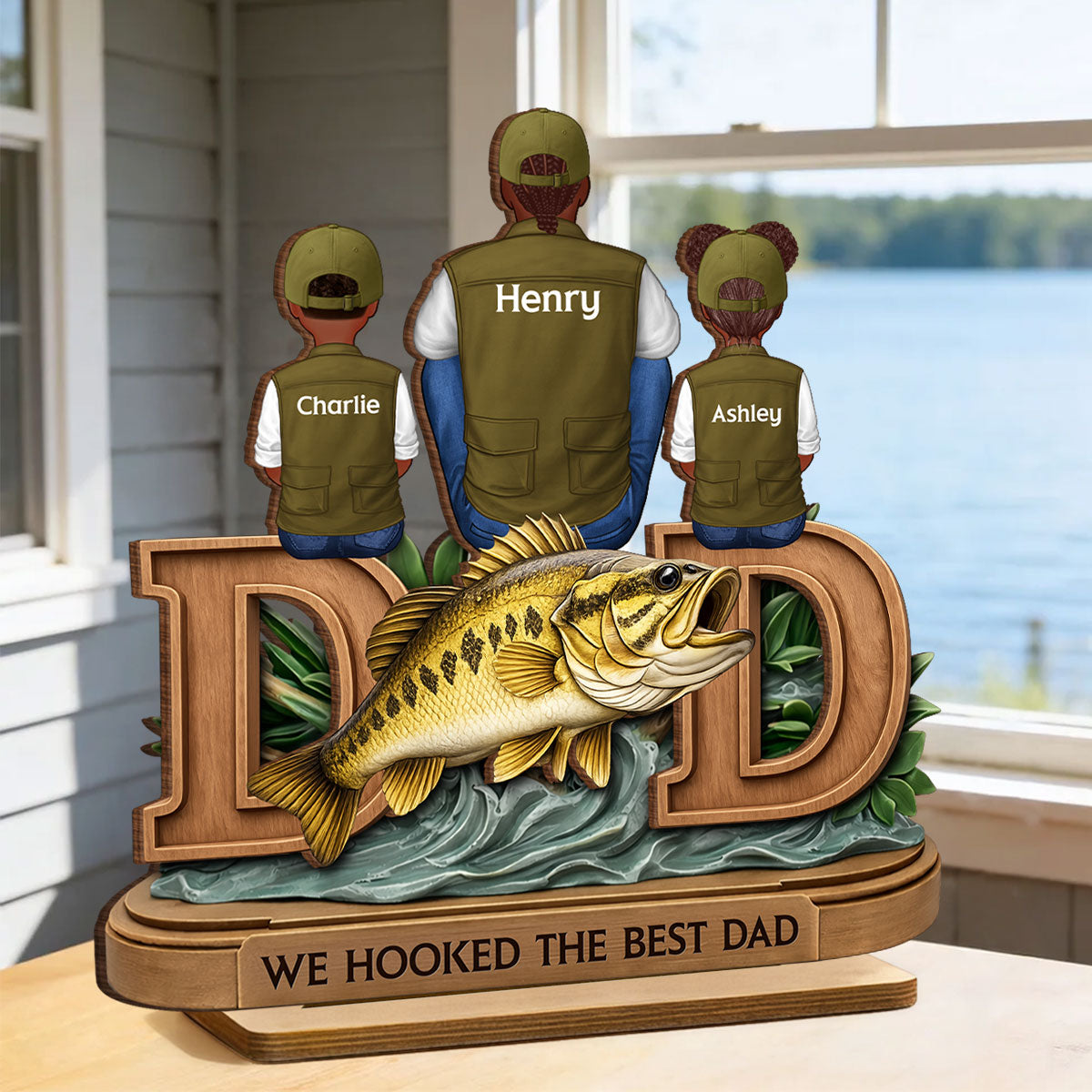 Fishing Dad And Kids Sitting Together - Personalized 2-Layered Wooden Plaque - Heartfelt Gift For Dad, Gift For Husband