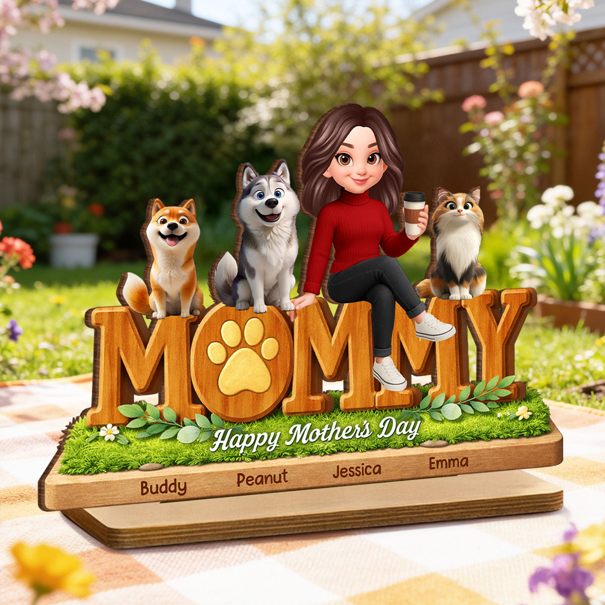 Mommy Dog Cat Happy Mother's Day - Personalized 2-Layered Wooden Plaque - Heartfelt Gift For Dog Mom, Cat Mom