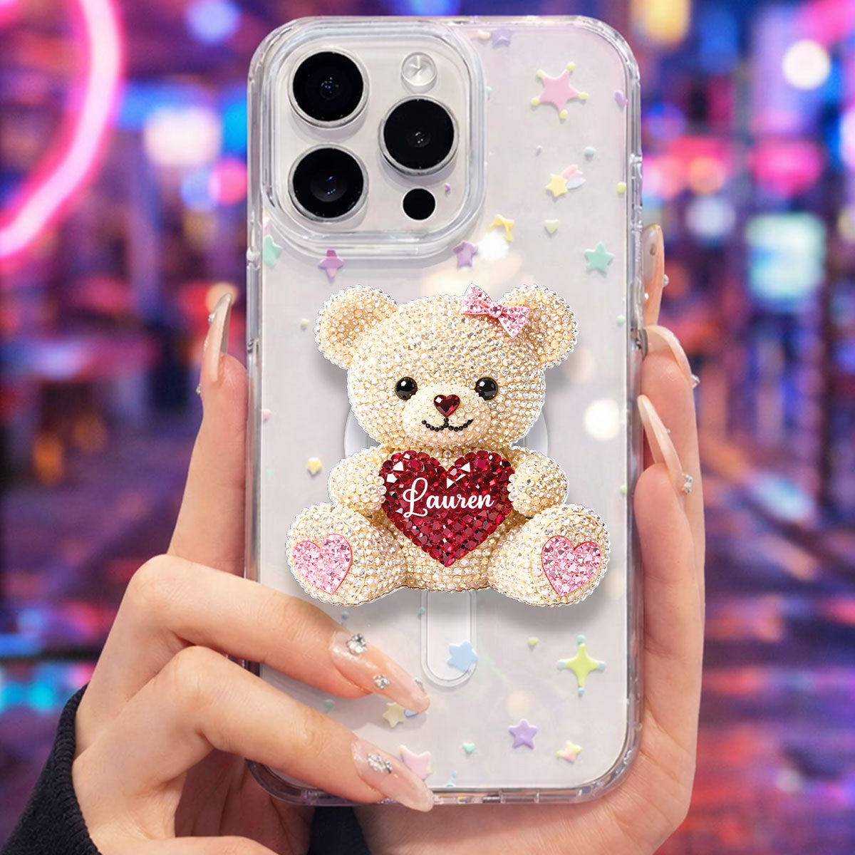 3D Effect Teddy Bear Valentine - Personalized Acrylic Magnetic Phone Grip - Anniversary, Valentine's Day Gift, Gift For Her
