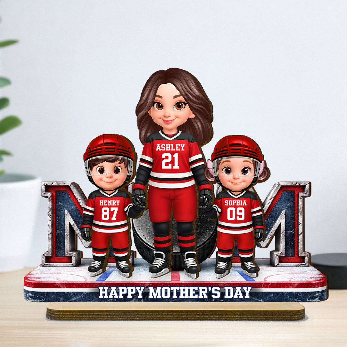Mom And Her Kids Together Hockey - Personalized 2-Layered Wooden Plaque - Mother's Day Gift For Hockey Mom, Gift For Wife