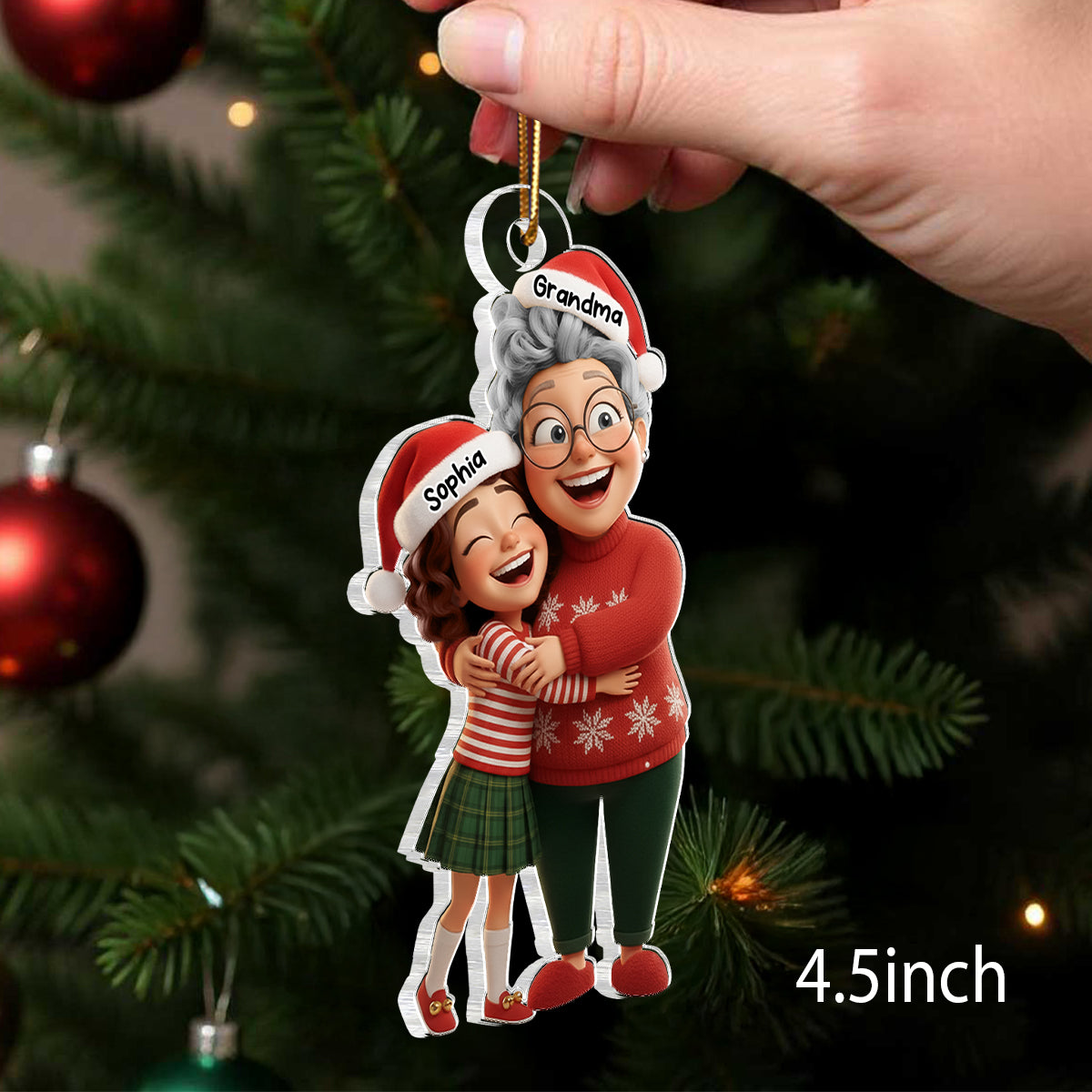 Happy Grandma Hugging Grandkid - Personalized Acrylic Ornament - Christmas Gift for Grandma, Grandkid
