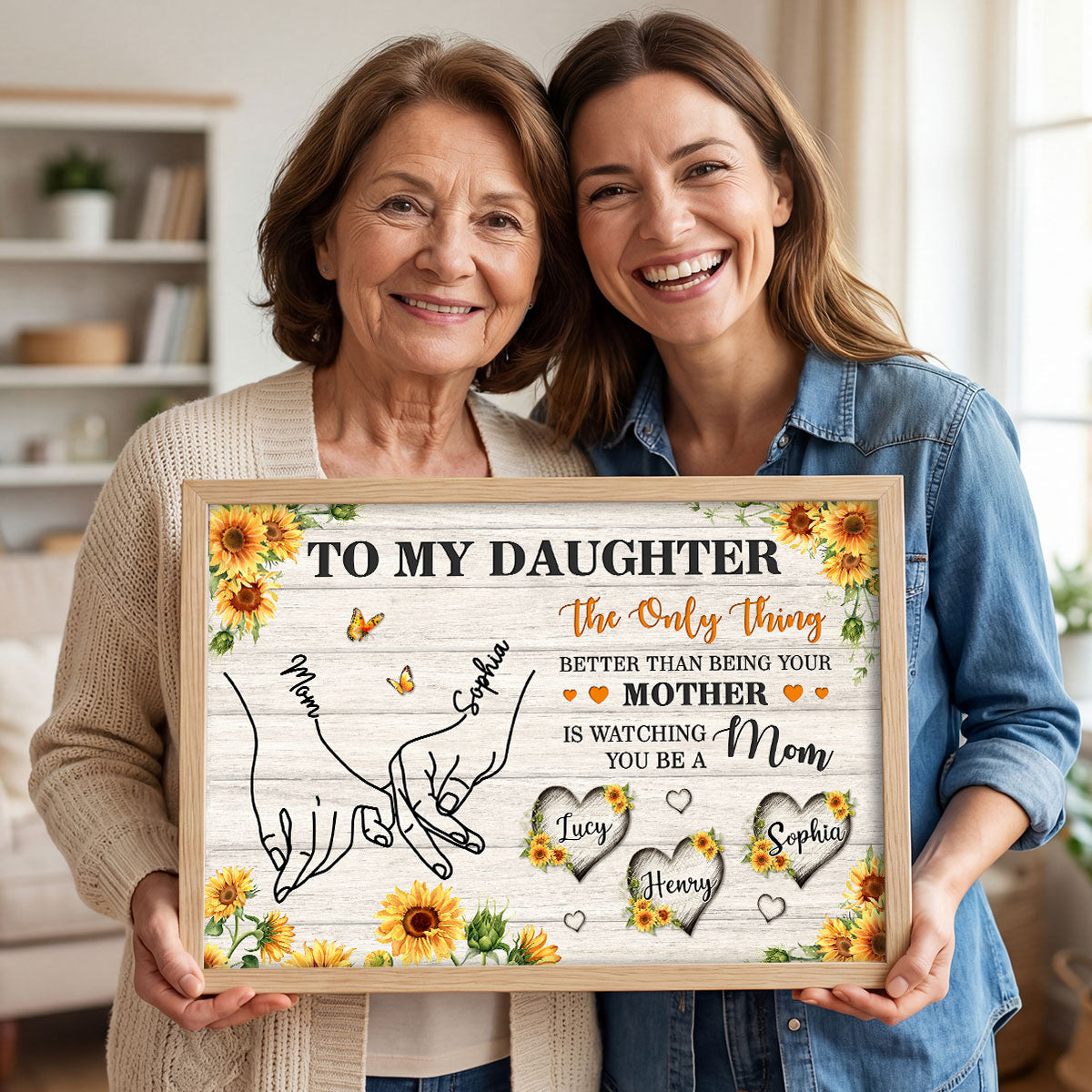 Sunflower To My Daughter Mom And Daughter Holding Hands Custom Kids Names - Personalized Poster - Mother's Day Gift For Daughter
