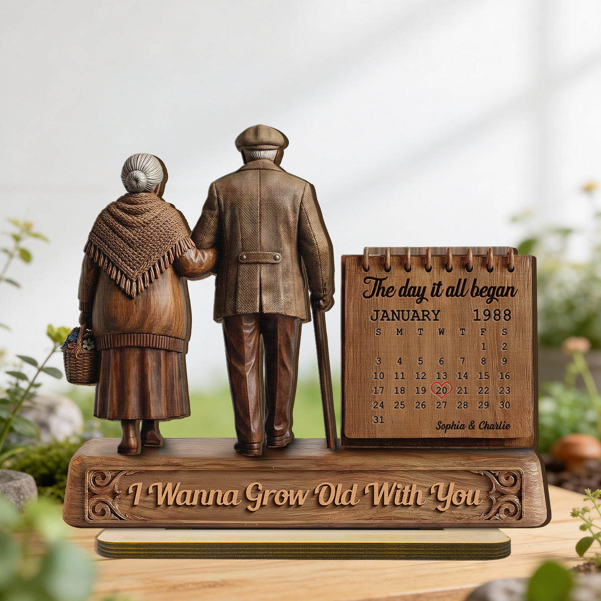 Old Couple Walking Side By Side Anniversary Date Calendar 2D Flat - Personalized 2-Layered Wooden Plaque