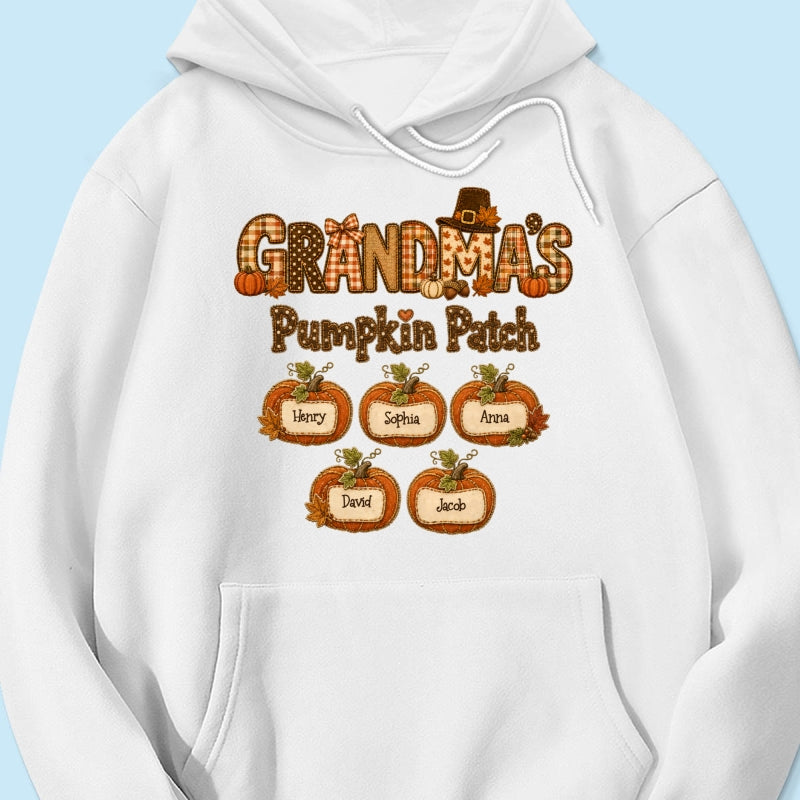 Grandma's Pumpkin Patch Fall Patchwork Pattern - Personalized Shirt - Trendy Fall Halloween Tee for Grandma