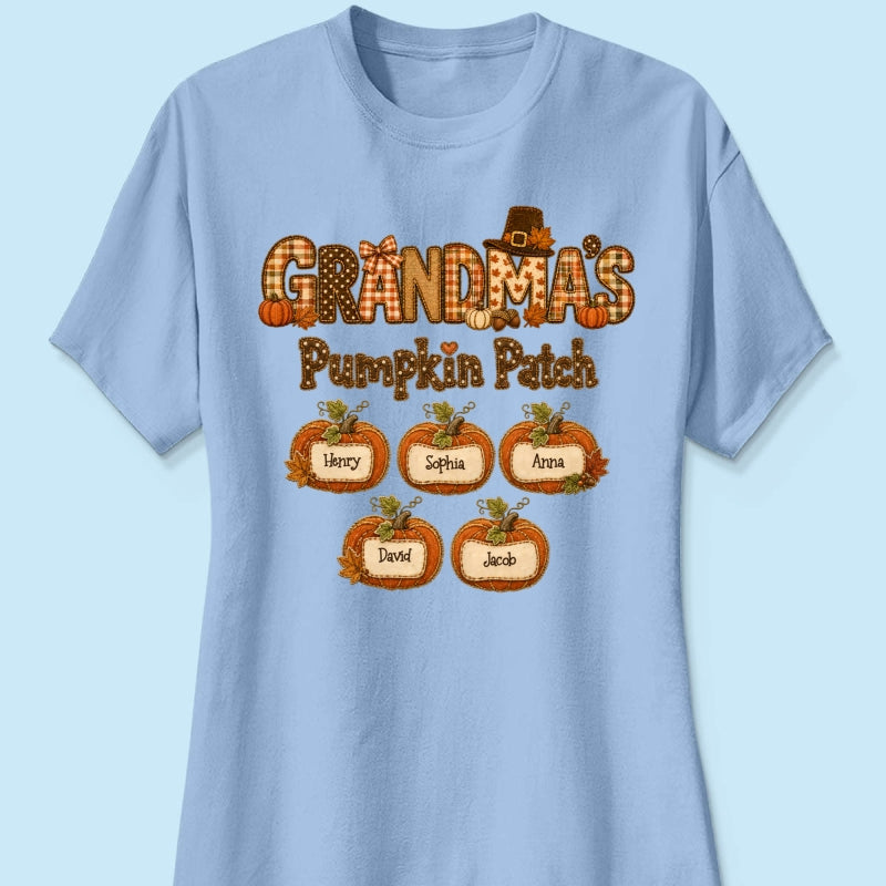 Grandma's Pumpkin Patch Fall Patchwork Pattern - Personalized Shirt - Trendy Fall Halloween Tee for Grandma