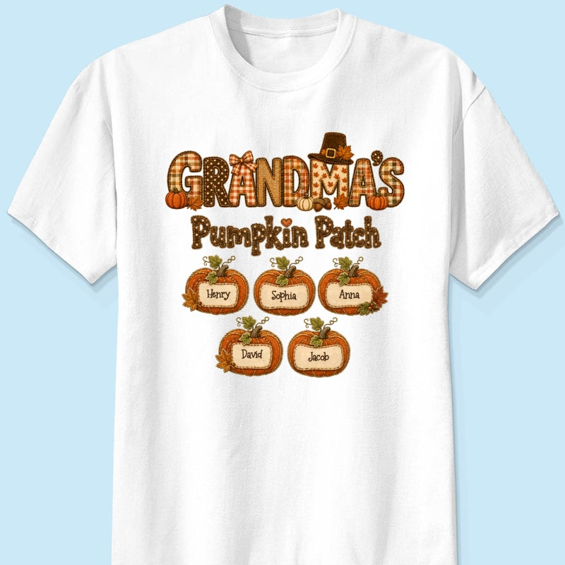 Grandma's Pumpkin Patch Fall Patchwork Pattern - Personalized Shirt - Trendy Fall Halloween Tee for Grandma