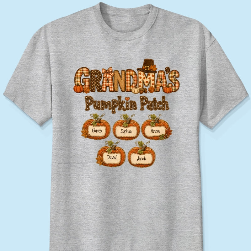 Grandma's Pumpkin Patch Fall Patchwork Pattern - Personalized Shirt - Trendy Fall Halloween Tee for Grandma