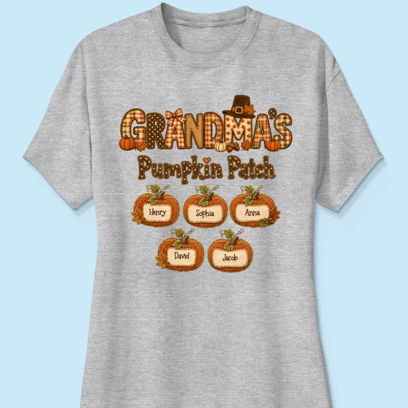 Grandma's Pumpkin Patch Fall Patchwork Pattern - Personalized Shirt - Trendy Fall Halloween Tee for Grandma