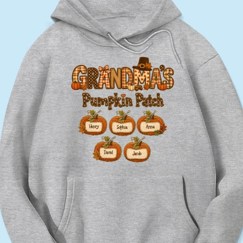 Grandma's Pumpkin Patch Fall Patchwork Pattern - Personalized Shirt - Trendy Fall Halloween Tee for Grandma