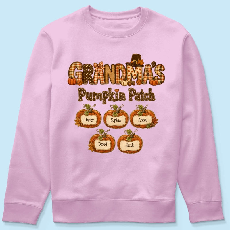 Grandma's Pumpkin Patch Fall Patchwork Pattern - Personalized Shirt - Trendy Fall Halloween Tee for Grandma