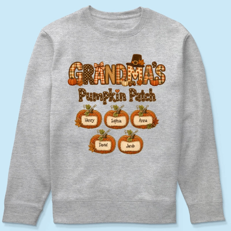 Grandma's Pumpkin Patch Fall Patchwork Pattern - Personalized Shirt - Trendy Fall Halloween Tee for Grandma