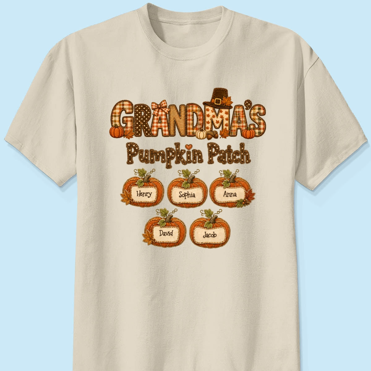Grandma's Pumpkin Patch Fall Patchwork Pattern - Personalized Shirt - Trendy Fall Halloween Tee for Grandma