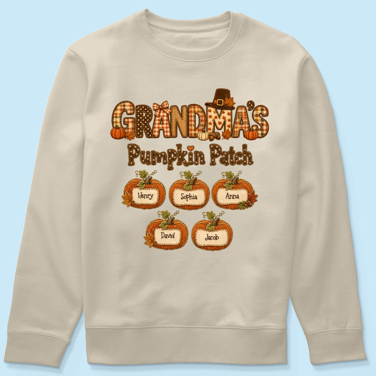 Grandma's Pumpkin Patch Fall Patchwork Pattern - Personalized Shirt - Trendy Fall Halloween Tee for Grandma