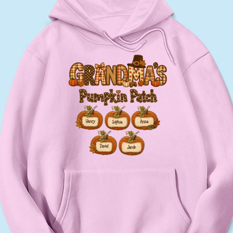 Grandma's Pumpkin Patch Fall Patchwork Pattern - Personalized Shirt - Trendy Fall Halloween Tee for Grandma