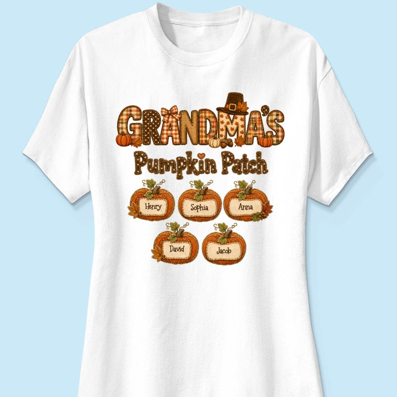 Grandma's Pumpkin Patch Fall Patchwork Pattern - Personalized Shirt - Trendy Fall Halloween Tee for Grandma