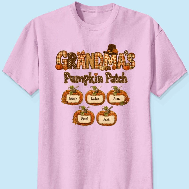 Grandma's Pumpkin Patch Fall Patchwork Pattern - Personalized Shirt - Trendy Fall Halloween Tee for Grandma