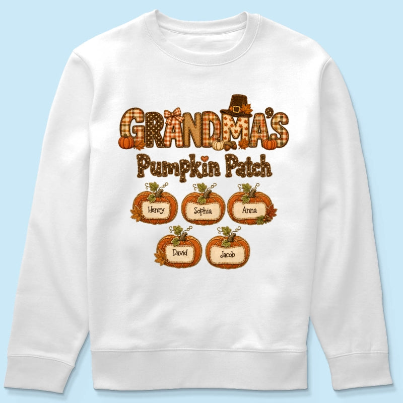 Grandma's Pumpkin Patch Fall Patchwork Pattern - Personalized Shirt - Trendy Fall Halloween Tee for Grandma