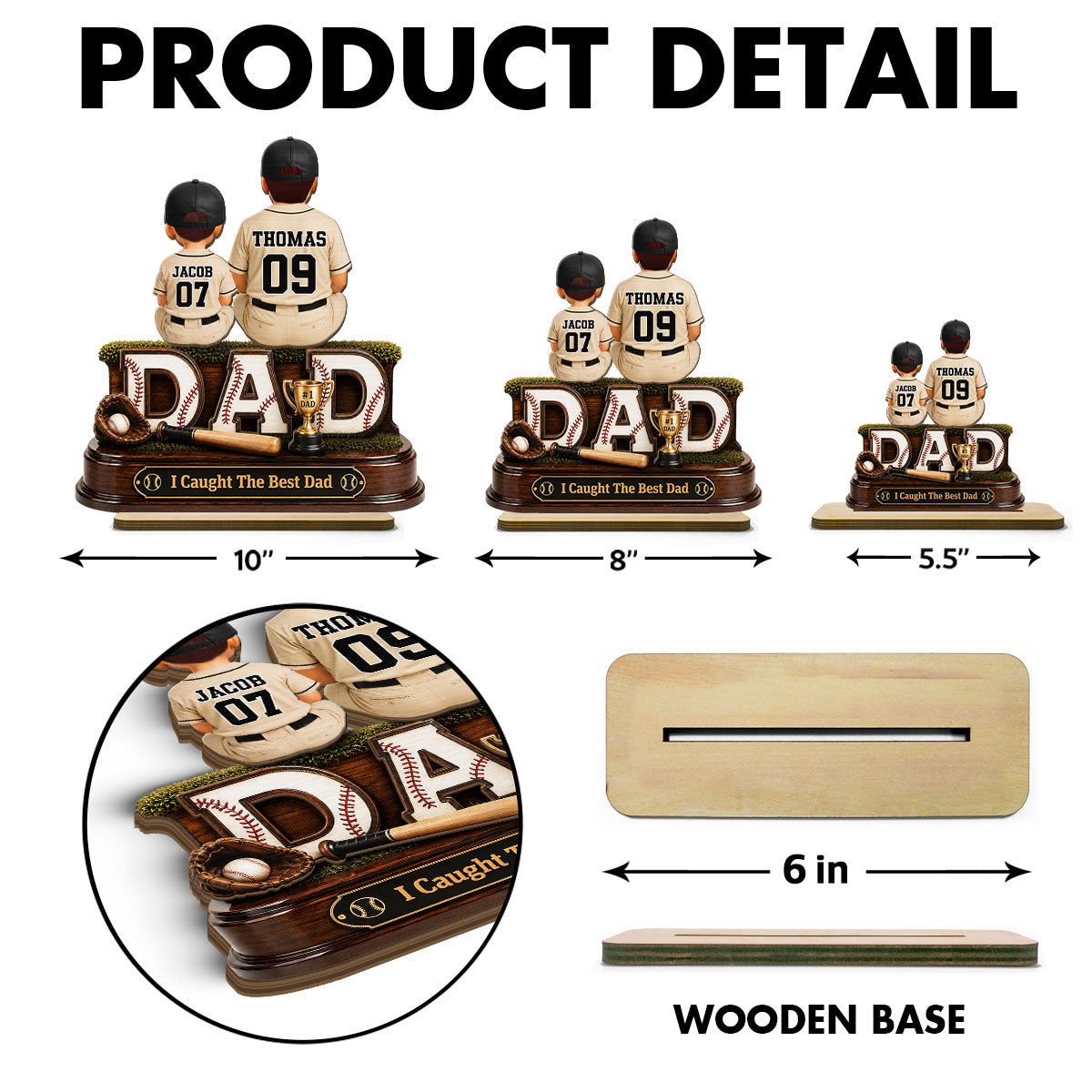 Baseball Dad and Children We Caught the Best Dad - Personalized 2-Layered Wooden Plaque -  Gift for Dad, Husband