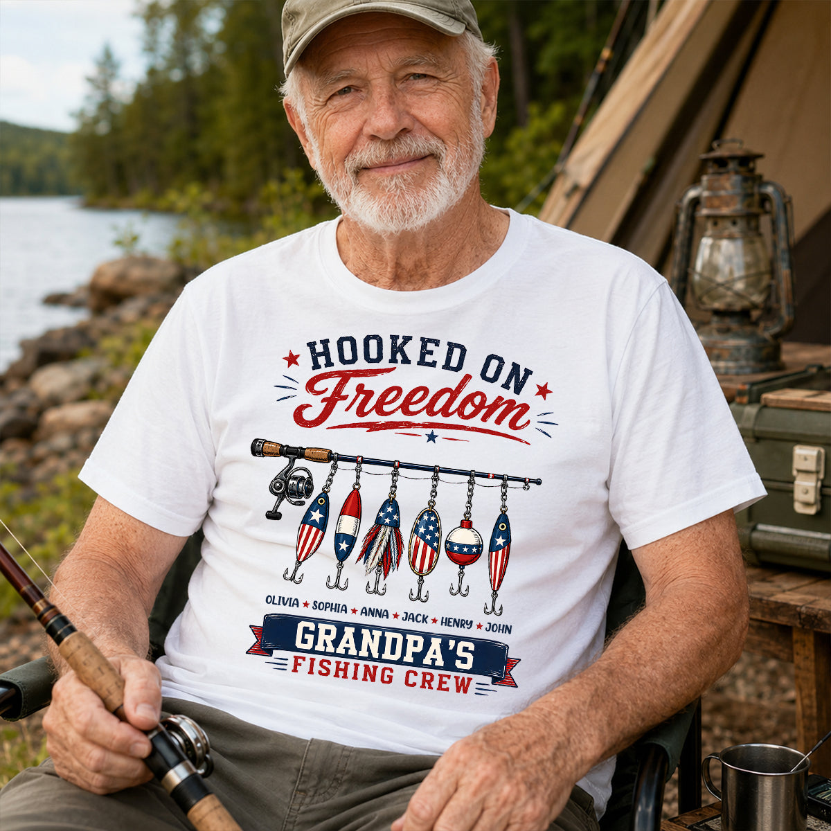Fishing Grandpa Hooked on Freedom - Personalized Shirt - 250th Anniversary Patriot Shirt