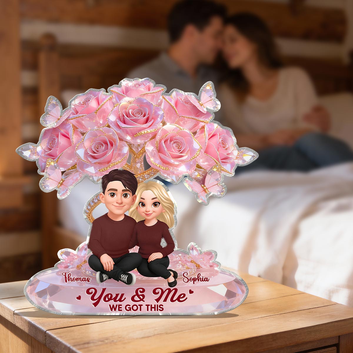 Eternal Love Pink Roses Couple Together - Personalized Acrylic Block Plaque - Valentine's Day Gift For Couple, Gift For Her, For Him