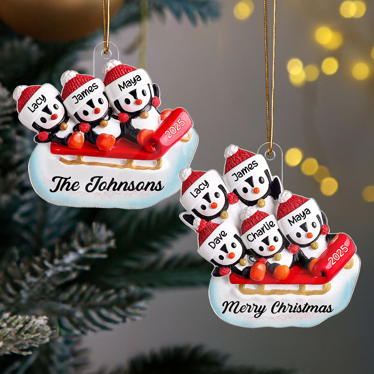 3D Effect Penguin Family On Sled - Personalized Acrylic Ornament