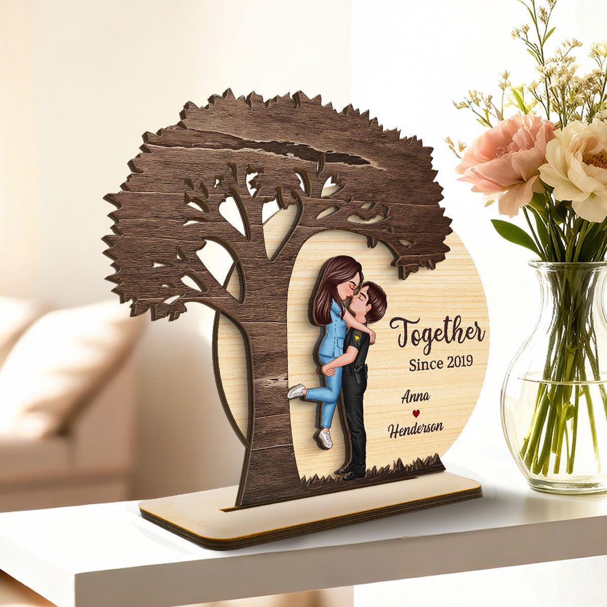 Couple Hugging Kissing Under Tree Moon Rustic - Personalized 2-Layer Wooden Plaque - Valentine's Day, Anniversary Gift For Him, For Her