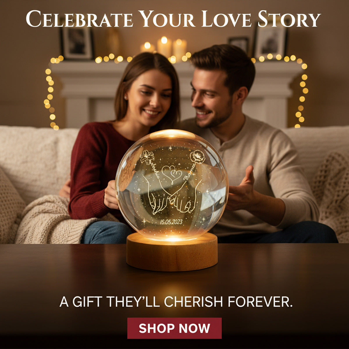 Eternal Love Couple Holding Hands Custom Birth Month Flowers - Personalized Crystal Ball LED Night Light - Valentine's Day Gift For Couple