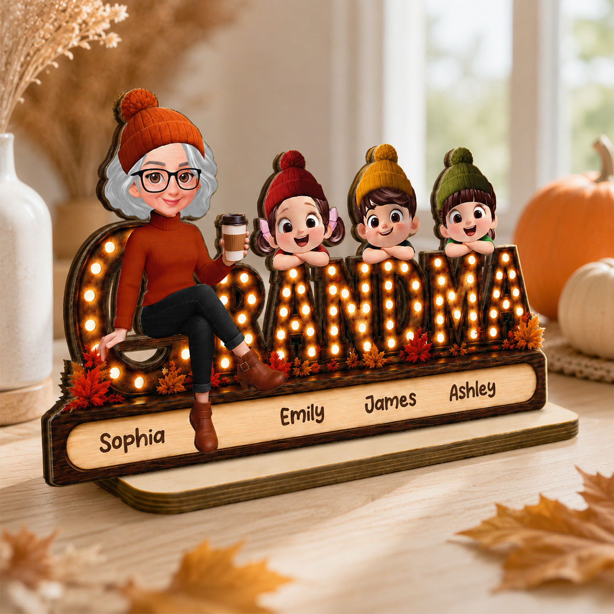 Grandma Grandkids Marquee 2D Flat - Personalized Wooden Plaque - Cozy Fall Season Gift