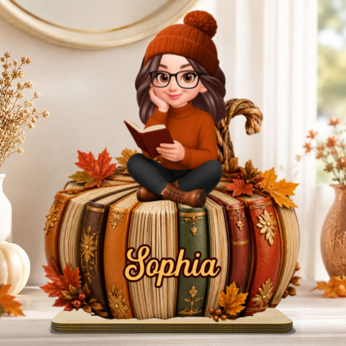 Fall Season Pumpkin Books - Personalized 2-Layered Wooden Plaque - Fall Gift For Book Lovers, Girl, Daughters