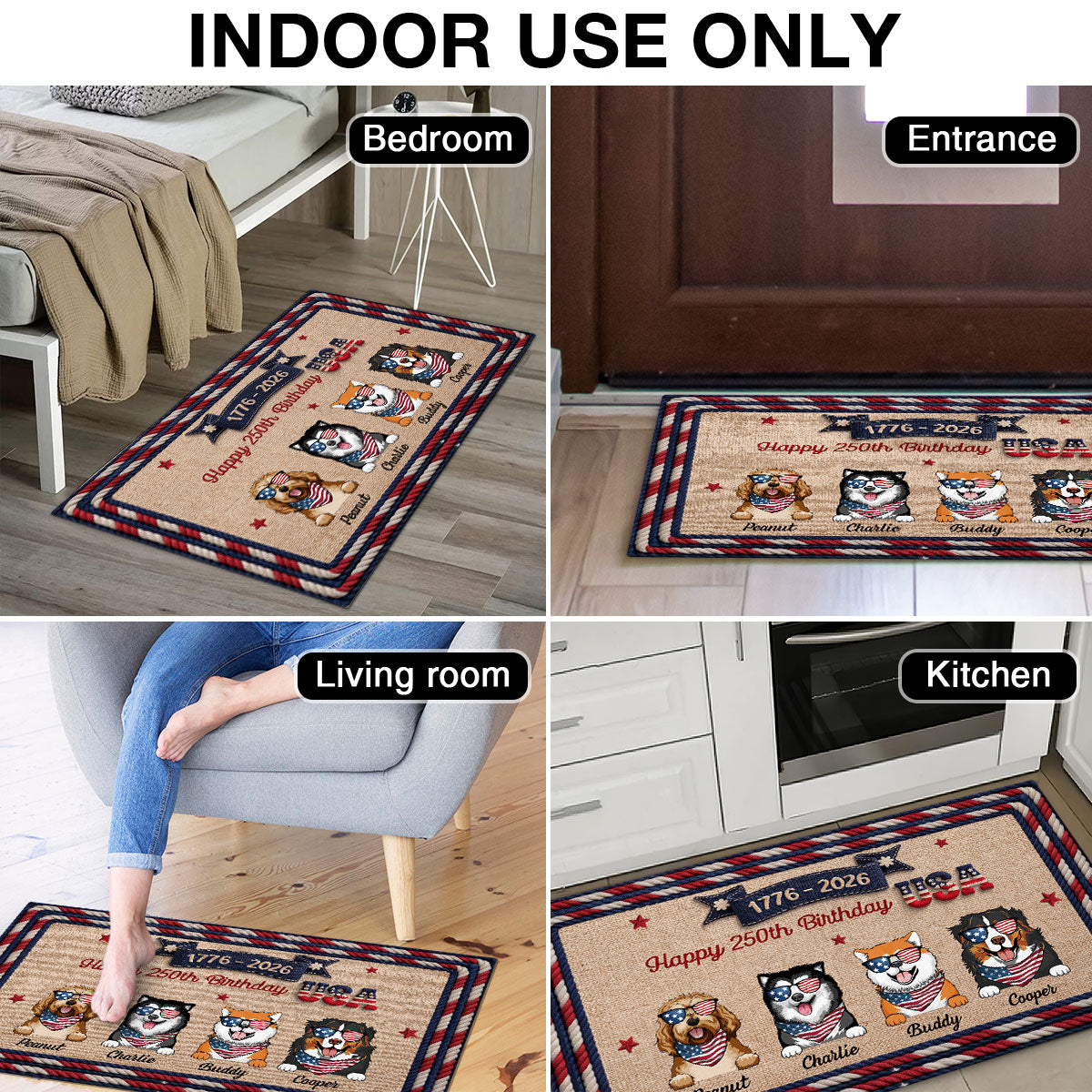 USA 250th Birthday Patriotic Flag Dog Faux Yarn Pattern - Personalized Doormat - Gift For Dog Lovers