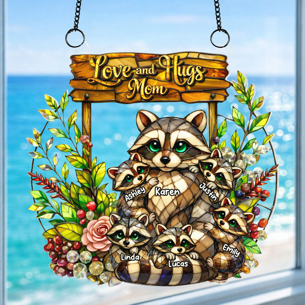 Raccoon Mom And Kids - Personalized Suncatcher - Gift For Mom, Grandma