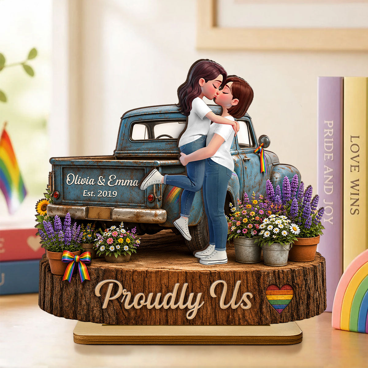 LGBT Couple Pickup Truck Proudly Us - Personalized 2-Layered Wooden Plaque - Gift For Couple, Happy Pride Month