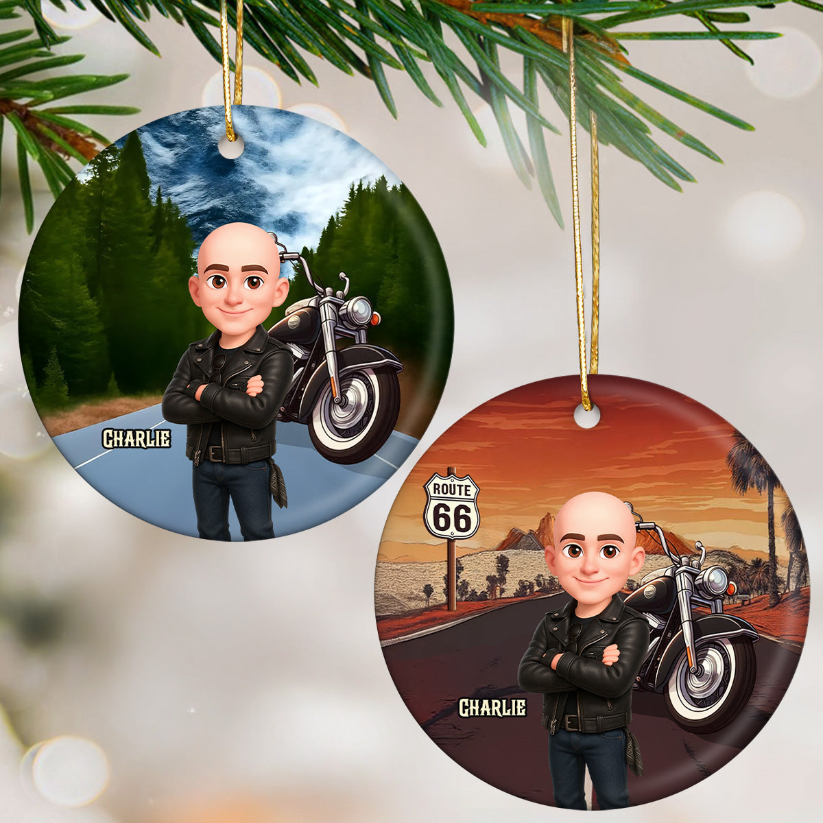 Biker On The Road Christmas - Personalized Ceramic Ornament - Gift For Bikers, Gift For Him, For Her