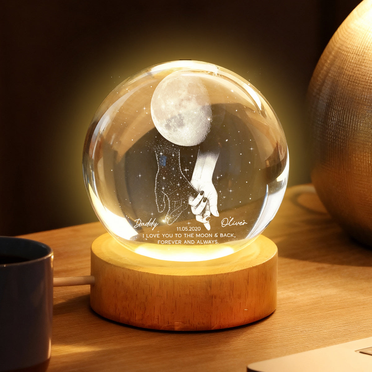Lost Loved One Holding Hands Moon Phase Galaxy Art - Personalized Crystal Ball Night Light - Memorial Sympathy Gift